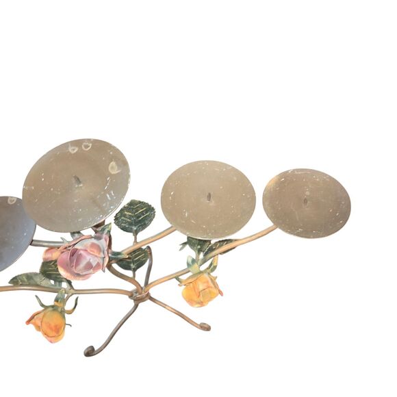 Vintage Metal Toleware Rose Accented 5 Arm Pillar Candle Candelabra 21"X15"X6" - Picture 4 of 11